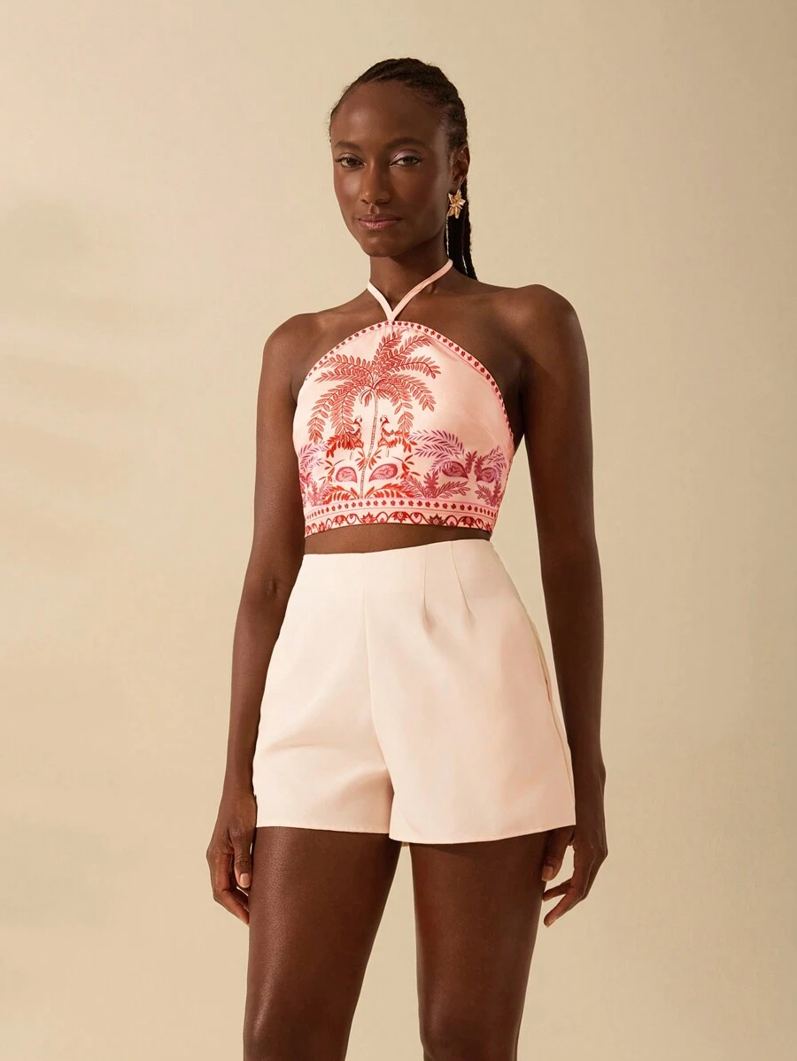 CAJUNI Damen Boho Tropisch Rosa Muster, Urlaubs-Lässig Sommer Strand Neckholder Ultra Cut Top - Verschiedenfarbig - Übersicht 1