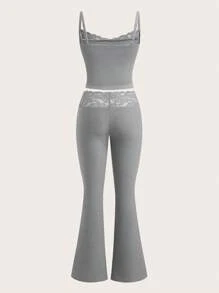 SHEIN EZwear Set 2 pcs: Kamisol Patchwork Renda dan Celana Flare - Grey - View 2