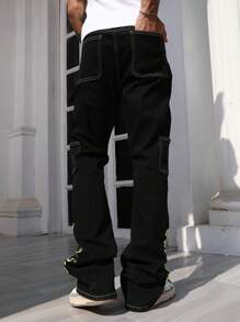 ROMWE MEN Street Life Men's Punk Color Block Stitching Flare Leg Jeans