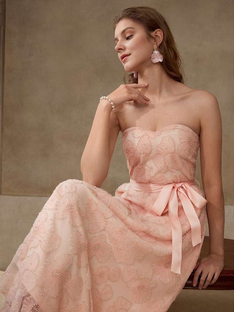 CONTRAST MESH FLORAL PATTERN TUBE DRESS