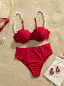 Swim Vcay Springbreak Swim 2pcs Solid Color Bikini Set With Pearl Strap & Shell Decor Hard Cup Swimwear, For Summer Beach Vacation - Red - View 3