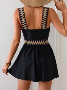 Swim Lushoire Women's Black Decorative Ribbon Summer Beach Vacation Full Outfit, Elegant A-Line Swim Dress & Bottom - Black - View 3