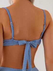 SHEIN Swim 2pcs Spring Break Women Striped Swimwear Set With Lace Decor, Beach Vacation Padded Push-Up Bikini Swimwear For Pool Party For Summer - Blue - View 5