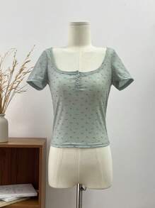 DAZY T-shirt femme à manches courtes, col rond, coupe slim, avec imprimé floral tout-sur-tout, pour Pâques - Vert - Voir 2