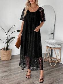EMERY ROSE Women Elegant Solid Color Lace Dress - Black - View 3