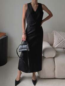 DAZY Conjunto de 2 piezas de chaleco y falda de unicolor para uso casual y de oficina para mujeres