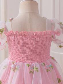 SHEIN 女婴幼儿 0-3 岁优雅公主花卉网眼泡泡袖粉色连衣裙，春夏 - 粉色 - 查看 7