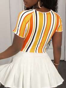 BamGleam BamGlam Fashionable Multi-Color Stripe Print Round Neck Short Sleeve T-Shirt For Women