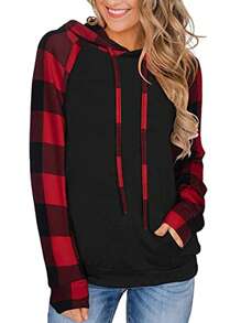 女式格子插肩袖长袖抽绳连帽运动衫，秋冬套头衫 - 彩色 - 查看 3