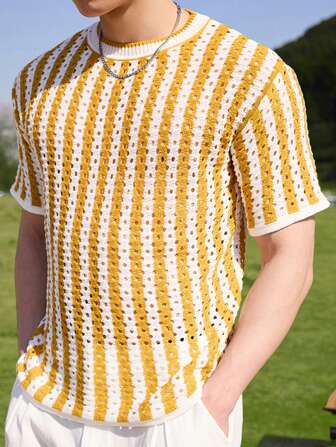 Manfinity Chillmode Men's Striped Crew Neck Short Sleeve Hollow Out Knit Top