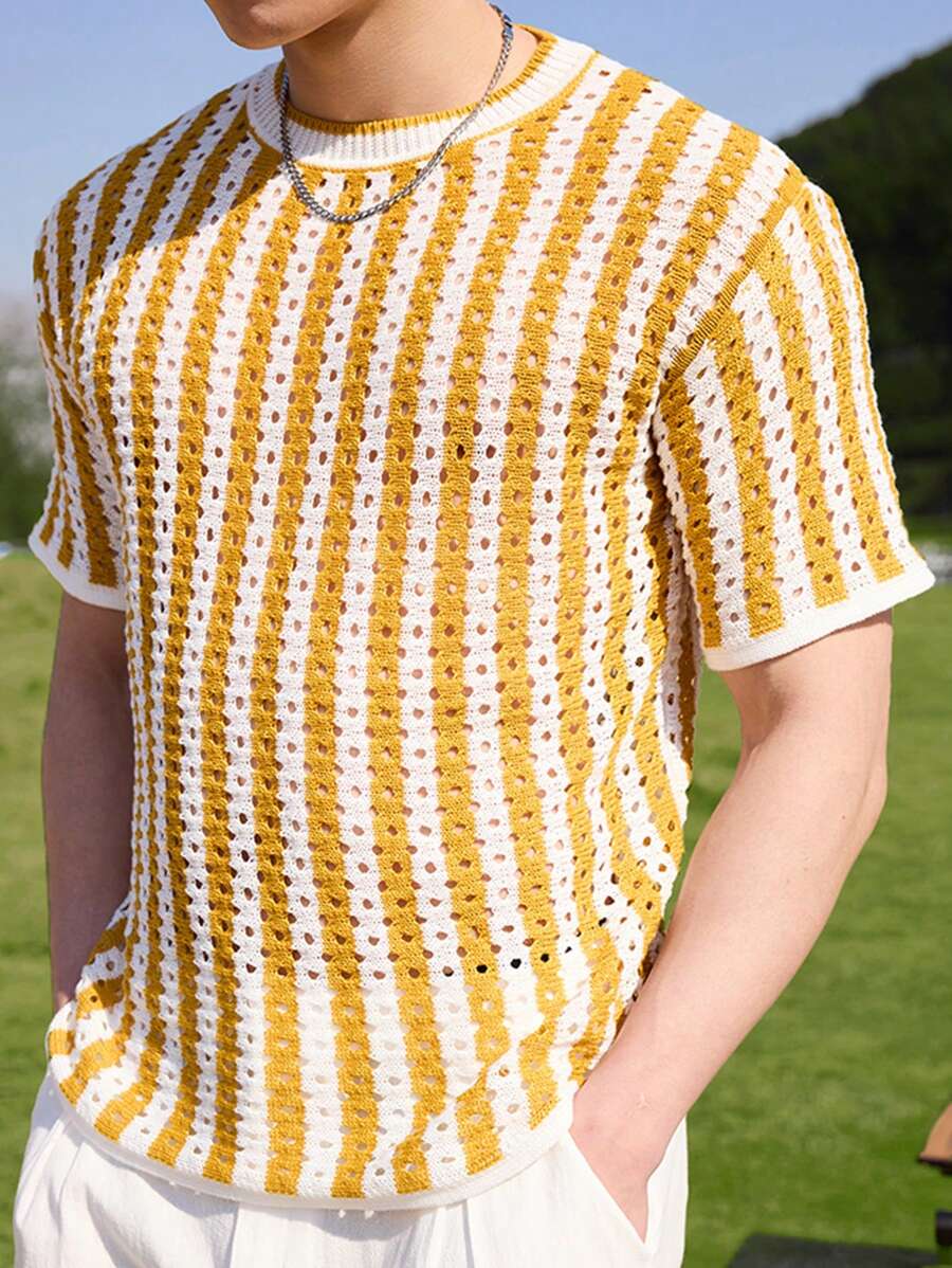 Manfinity Chillmode Men's Striped Crew Neck Short Sleeve Hollow Out Knit Top - Yellow - View 1
