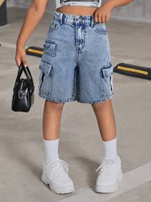 SHEIN Pantaloncini di jeans cargo ampi a vita alta con tasche a patta per ragazze pre-adolescenti, stile Y2K, abbigliamento primavera/estate per ragazze per il ritorno a scuola, versatili, casual, boho, per festival, uscite in spiaggia, cerimonie di laurea