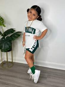 Conjunto de top de manga corta de cuello redondo y pantalones cortos de punto liso para niña, estilo deportivo callejero, primavera/verano - Verde - Ver 2