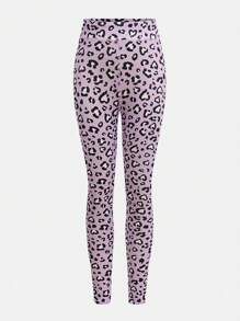 SHEIN Conjunto deportivo con estampado de leopardo de manga corta y cuello redondo para niñas preadolescentes