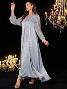 Al Najma Women's Grey-Blue Acetate Velvet Sleeve & Chiffon Panel Dress With Ruffle Trim And Waist Tie+ Abaya Jacket Set - Baby Blue - View 3