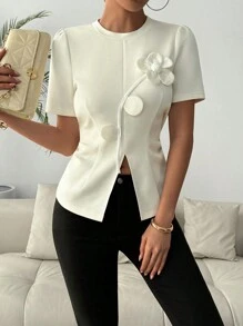 Chiquease Ruched 3D Floral Decor Bubble Pleated Short Sleeve Women T-Shirt