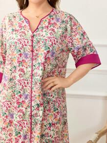 Al Najma 大码女式各样花朵图案 V 领半袖阿拉伯长裙