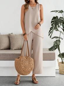 EMERY ROSE 2pcs/Set Women's Solid Color Round Neck Asymmetrical Hem Sleeveless Top And Pants - Khaki - View 7