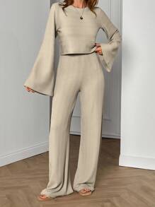 EURMUSE Women Top And Wide Leg Pant Two Pieces Set - Beige - View 3