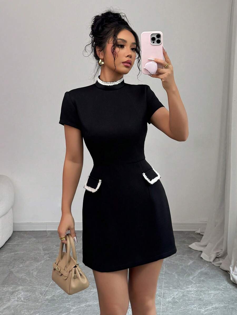 Selianne Women's Short Sleeve Elegant Ribbon Splice Fitted Stand Collar Dress - Black - View 1