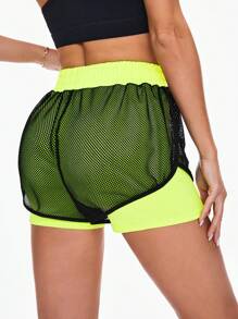 SHEIN Sports 女式高腰网眼霓虹色运动短裤，带附加层毛衣短裤 - 彩色 - 查看 2