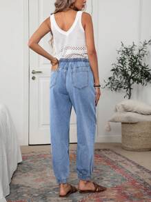 SHEIN LUNE Women's Drawstring Waist Pockets Ankle-Cuffed Jeans - Blue - View 2