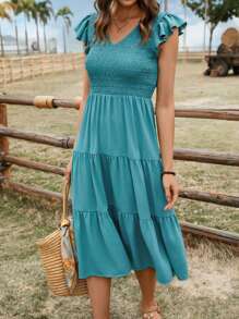 SHEIN LUNE Women's Casual Ruffle Trim Sleeveless Mid-Length Dress, Daily Basic Spring/Summer Wear - Green - View 3