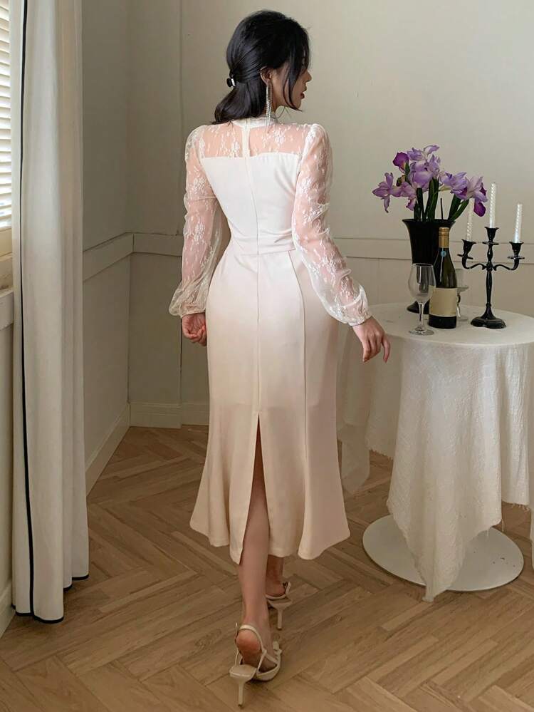 Date Night Outfit Lace Paneled Puff Sleeves Women's Midi Dress Prom Dress,Fall Dress Long Sleeve Dress
