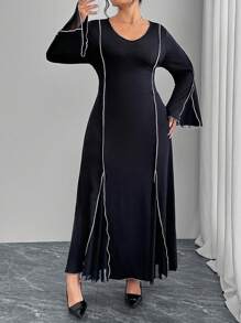 Modelyn Plus Size Elegant Contrast Color Trim Bell Sleeve Midi Dress