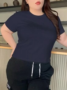 Dazy Plus Plus Size Women's Short Sleeve Casual Solid Color Basic Fitted Crew Neck T-Shirt Summer,Crop Tops Women Preppy Tops - Navy Blue - View 3
