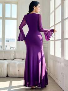 Modelyn Vestido lila de mujer elegante con mangas acampanadas y volantes en el bajo