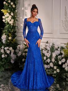 Glamrae 优雅甜心领长袖正式晚礼服，婚礼宾客礼服，3D 花卉贴花，腰部镂空，弧形腰线和鱼尾下摆，派对礼服 - 寶藍色 - 查看 1