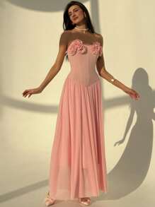 Aloruh Romantic Strapless Floral Decor Form-Fitting Long Dress For Ladies - Baby Pink - View 2