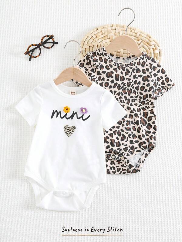 Cozy Pixies 2 Stücke Baby Mädchen Valentinstag Herz & Leoparden Muster Buchstaben Gestrickte weiche Rundhalsausschnitt Kurzarm Romper Set