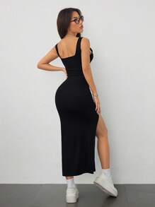 SHEIN PETITE High Elastic Rib Knit Wide Strap Women's High Slit Slim Long Dress, Vacation Outfits Women,Summer Dresses For Women - Black - View 3