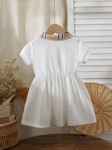 女宝宝休闲拼色领口白色针织短袖连衣裙，韩版，夏季 - 白色 - 查看 2