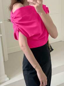 DAZY Casual Solid Color Asymmetrical Ruched Collar T-Shirt,Crop Tops Women - Hot Pink - View 5