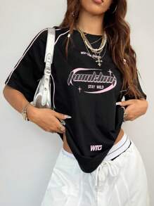 Coolane 女款春夏街头服饰 Blockcore Y2K 字母印花撞色短袖黑色 T 恤 - 黑色 - 查看 3