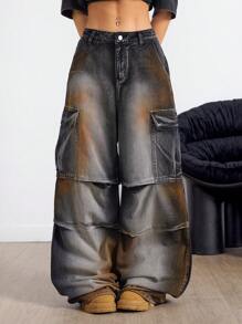 Coolane 女士春夏复古 Dirty Cargo 基本款牛仔脏洗直筒裤 - 黑色 - 查看 4