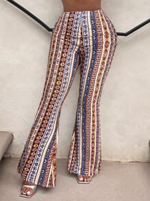 SHEIN SXY 复古印花高腰喇叭裤 - 彩色 - 查看 4
