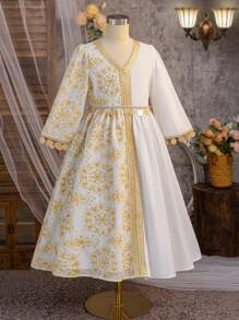 SHEIN Váy nghỉ mát thêu viền dệt thanh lịch cổ điển cho bé gái tuổi mới lớn - trắng - Xem 10