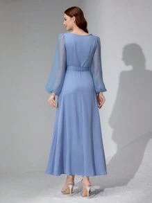 Modelyn 法式优雅花朵灯笼袖连衣裙 - 淺藍色 - 查看 2