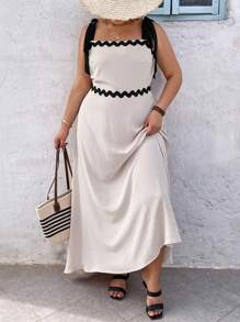 SHEIN VCAY Vestido corto casual con bloqueo de color y tirantes para vacaciones en la playa de tallas grandes - Albaricoque - Ver 5