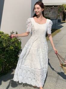 DAZY Women's Bohemian Style Lace Puff Sleeve Waist-Defined Mid-Length Dress Sundress - White - View 3