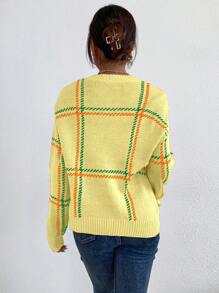 SHEIN LUNE Áo len dệt kim dáng rộng hở vai kẻ sọc thường ngày, áo chui đầu dệt kim thu/đông - Màu vàng - Xem 2
