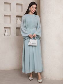 Veilorie Women's Solid Color Pleated Raglan Sleeve Elegant Arabian Style Long Dress - Mint Green - View 3