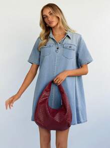 Forever 21 Women's Casual Washed Denim Short Sleeve Dress