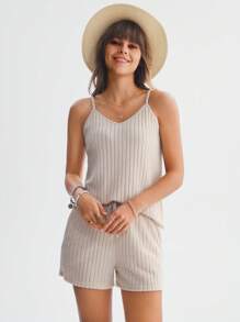 Wildy Của phụ nữ Sọc Áo ba lỗ Và Bộ quần short - Màu be - Xem 4