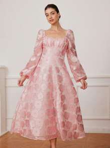 Aveloria Rosie Elegant Rose Jacquard Floral Long Sleeve Ruched Waist Dress With Sheer Details, Romantic Wedding Season, Pink & White Fall Cloth For Women