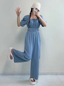 DAZY Women's Solid Color Square Neck High Waist Short Sleeve Jumpsuit Vacation - Medium Wash - View 8